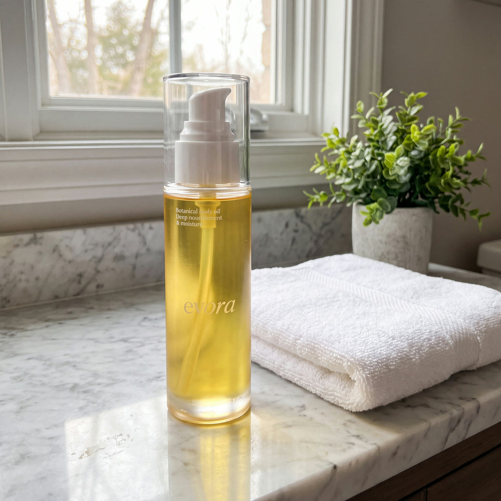 Evora Botanical Body Oil on a marble bathroom counter