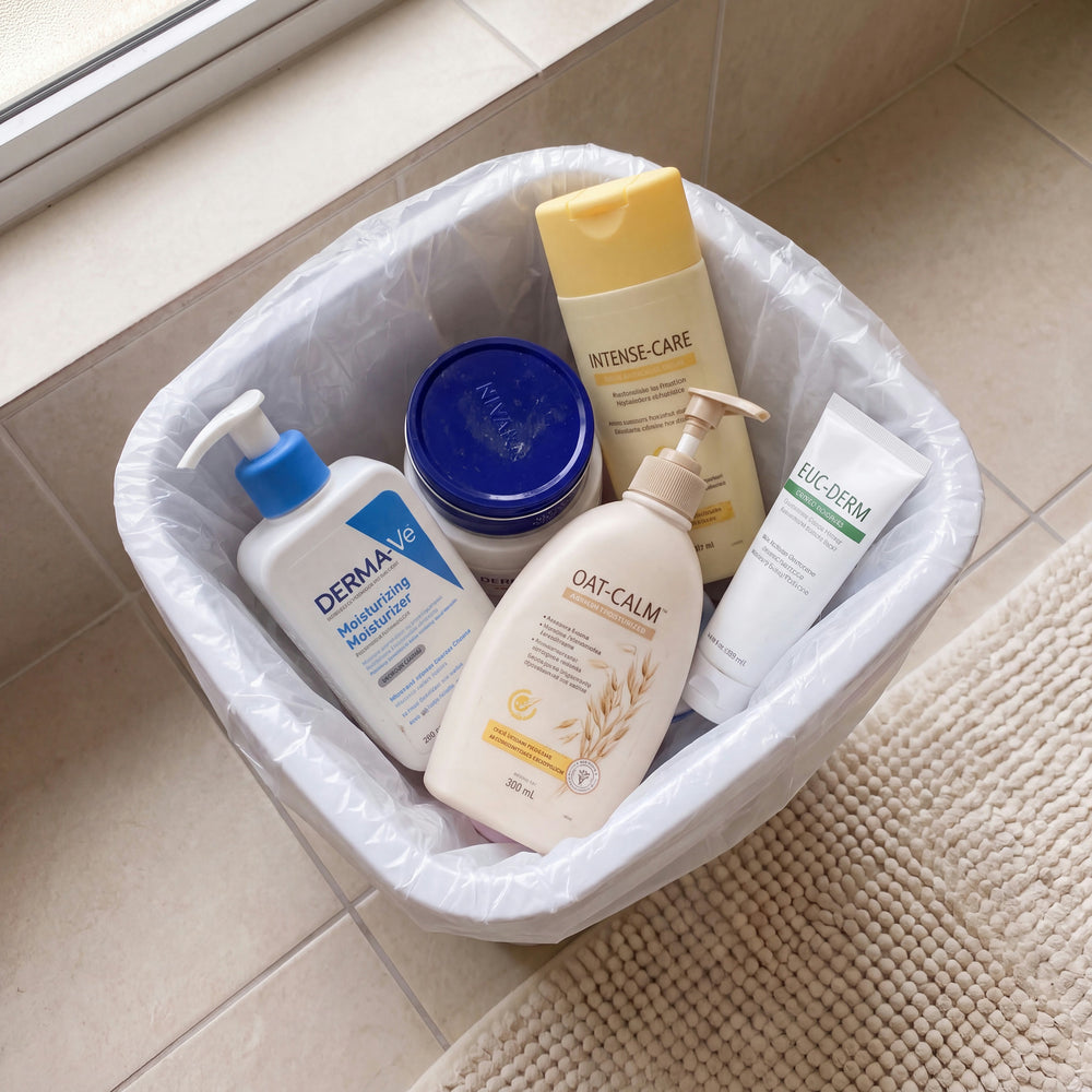 Old drugstore lotions in the bathroom trash