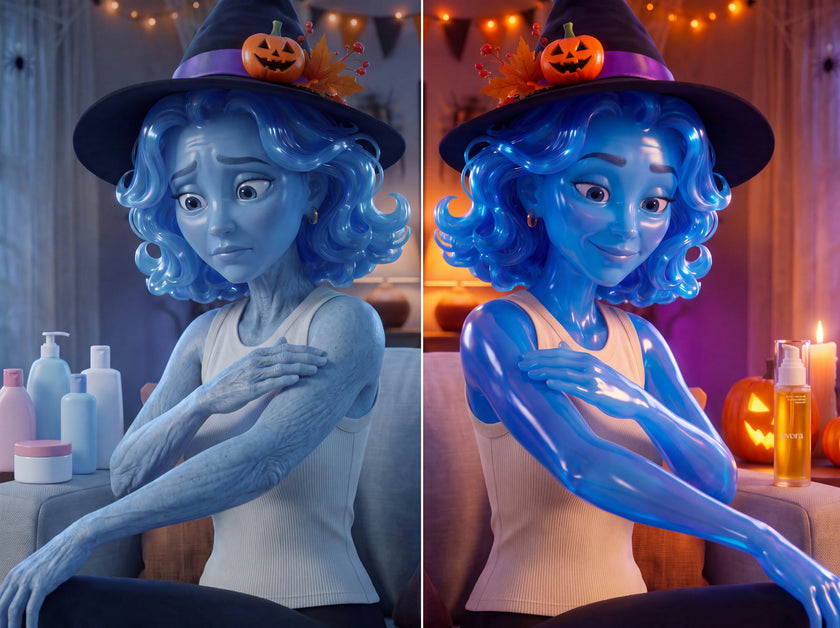 Before: crepey, papery arm. After: smooth, glowing arm.